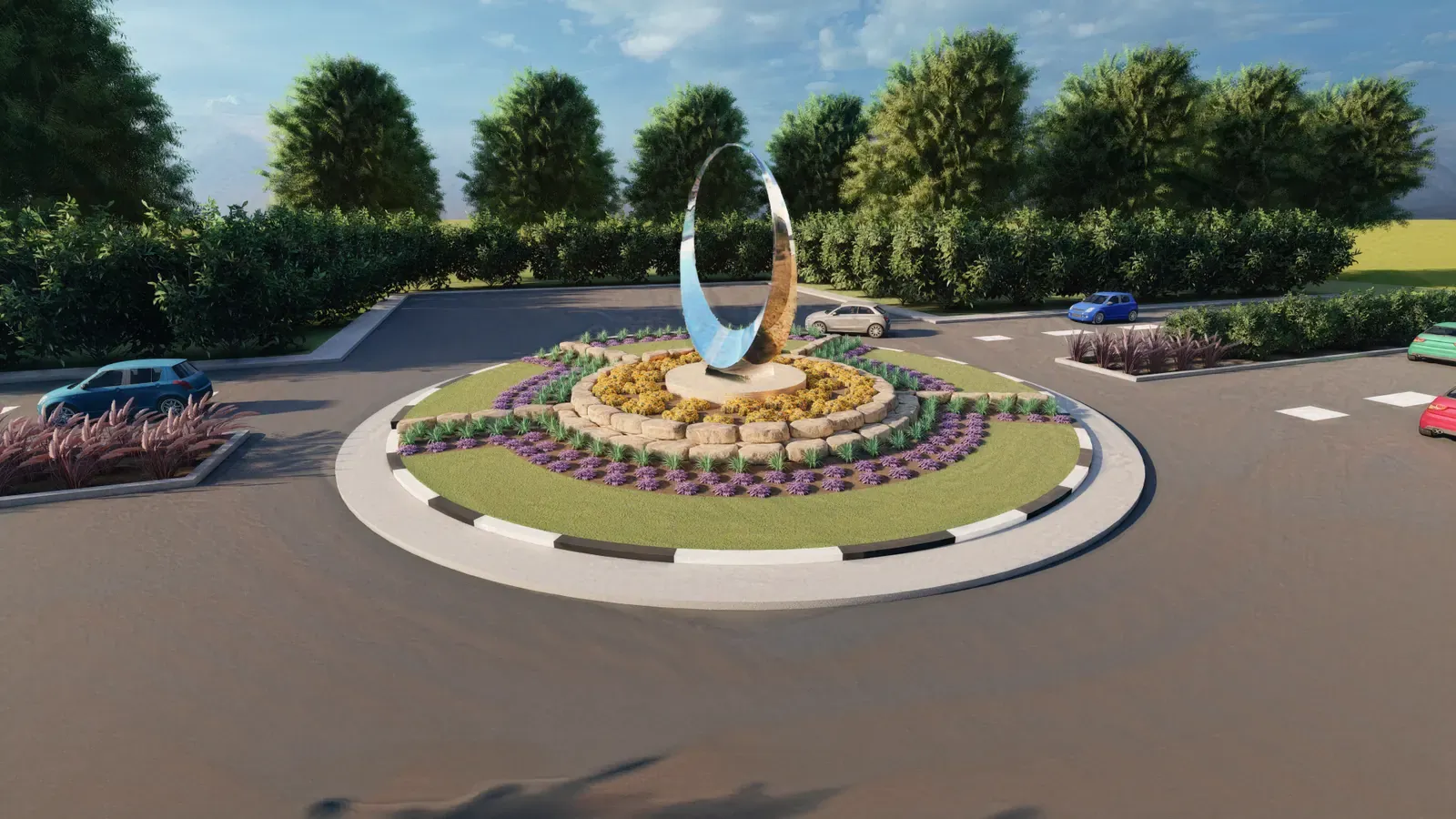 הדמיית כיכר תנועה בעפולה עם פסל מרכזי, ערוגות פרחים עונתיים ומדשאה